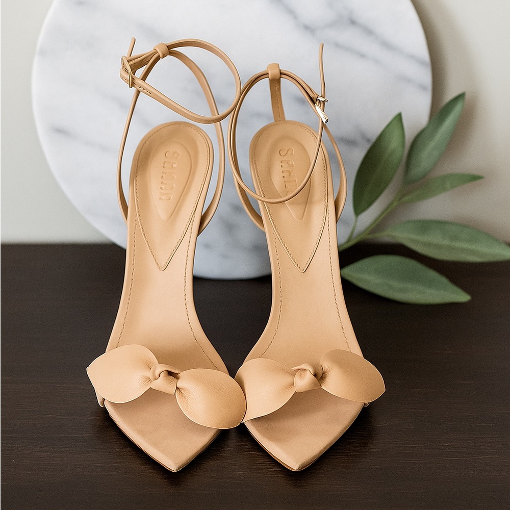 Womens Schutz Elora Leather Nude Stiletto Heel Ankle Strap Sandal 7.5 Light Wood